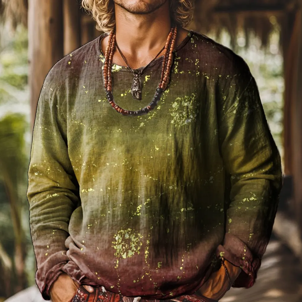 Ethnicity Gradation Weathered Look Vintage Print Casual Cotton Shirt