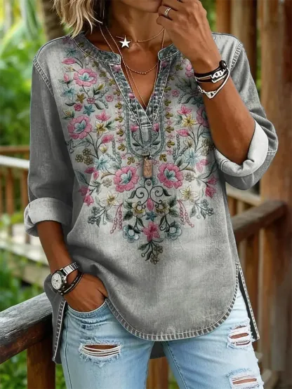 Women's Vintage Floral Print Casual V-neck Washed Cotton Denim Shirt