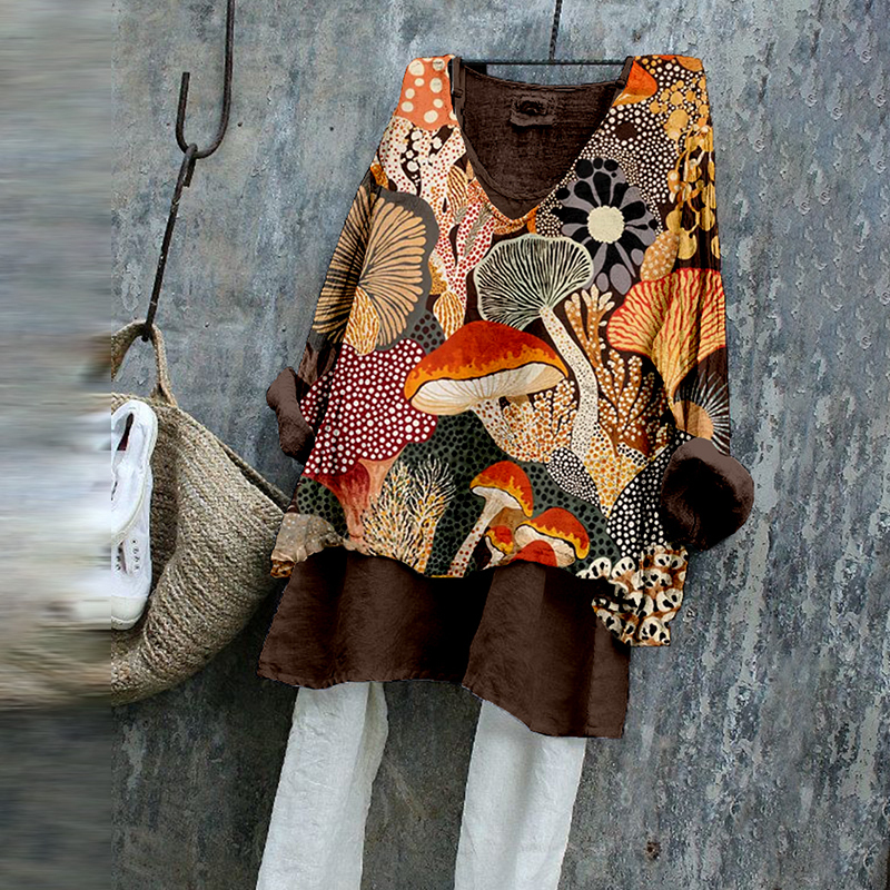 Japanese Botanical Mushroom Art Linen Tunic