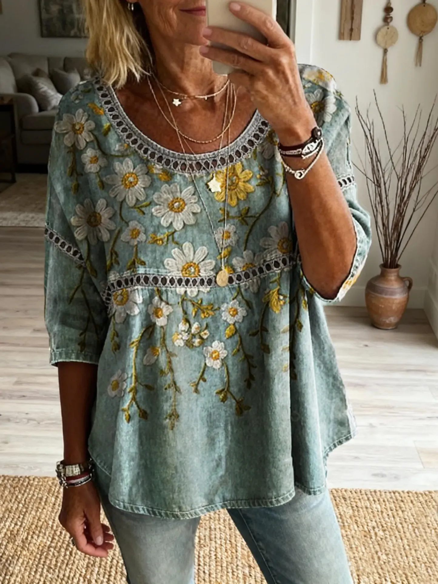 Women's Vintage-style Floral Art Print Casual Round Neck Cutout Top