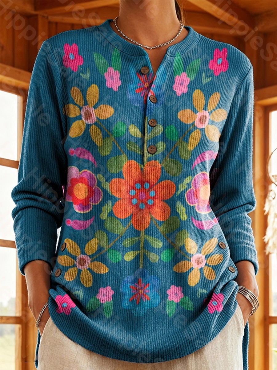 Women's Vintage-Style Navy Blue Simiya Floral Art Print Casual Cotton 