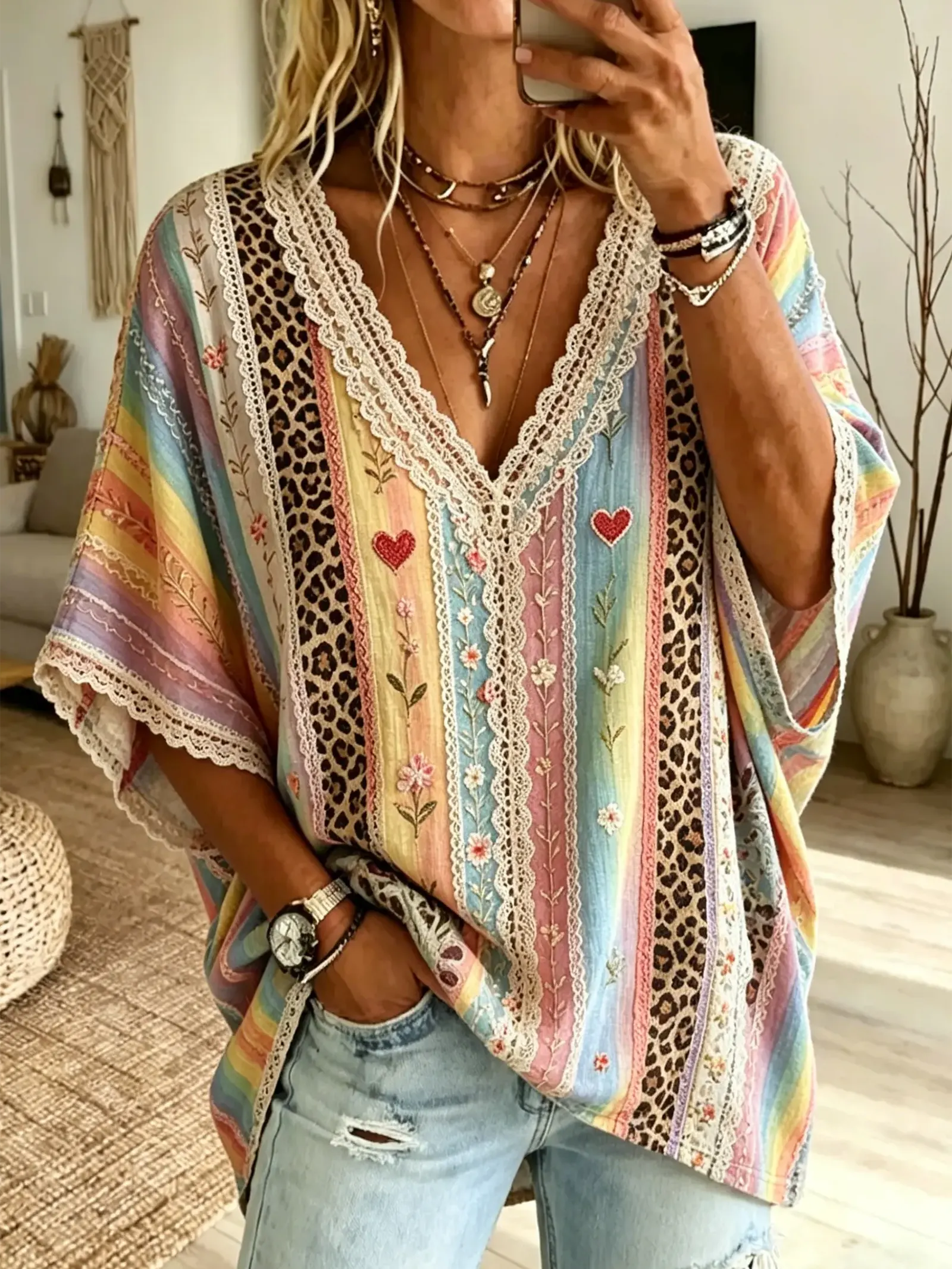 Women's Rainbow Stripe Leopard Print Lace Cotton Kimono Blouse