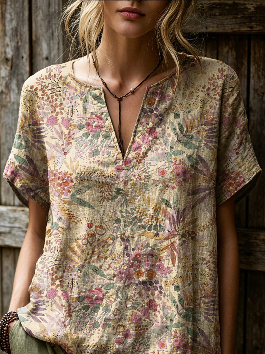 Women's Retro Ethnic Floral Art Print Casual Short-sleeve V-neck Cotton Linen Shirt