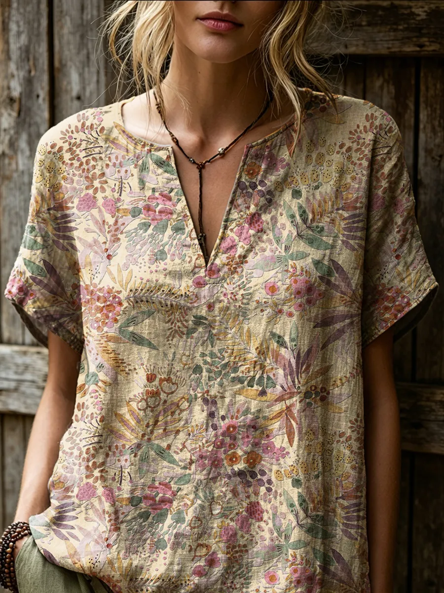 Women's Retro Ethnic Floral Art Print Casual Short-sleeve V-neck Cotton Linen Shirt