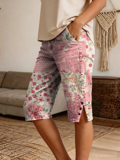 Women's Retro Patchwork Floral Art Print Casual Denim Shorts