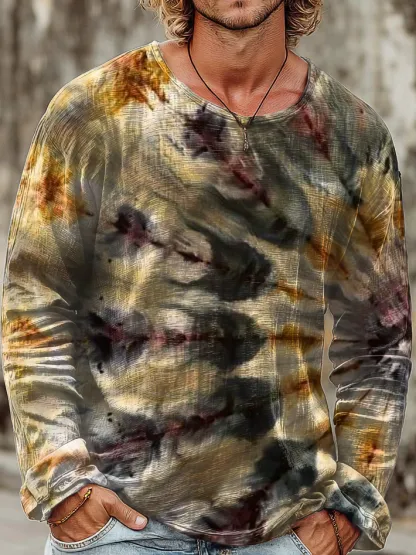 Men's Vintage Tie-dye Gradient Art Print Casual Cotton Crew Neck Pullover Shirt
