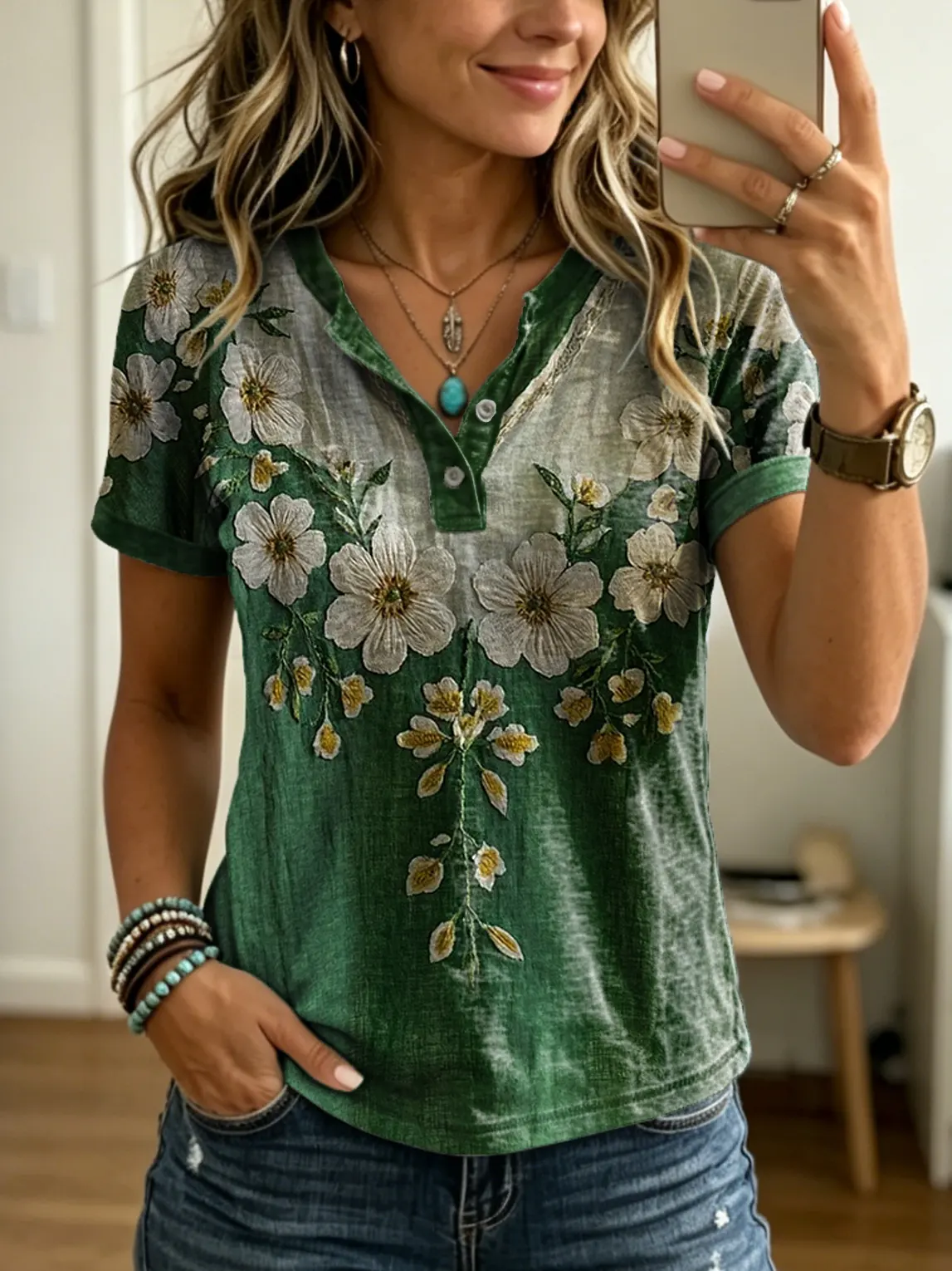 Women's Retro Ethnic Floral Print Casual Short-sleeve T-shirt