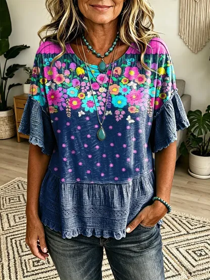 Women's Retro Colorful Petal Art Print Casual Crew Neck Short-Sleeve Shirt