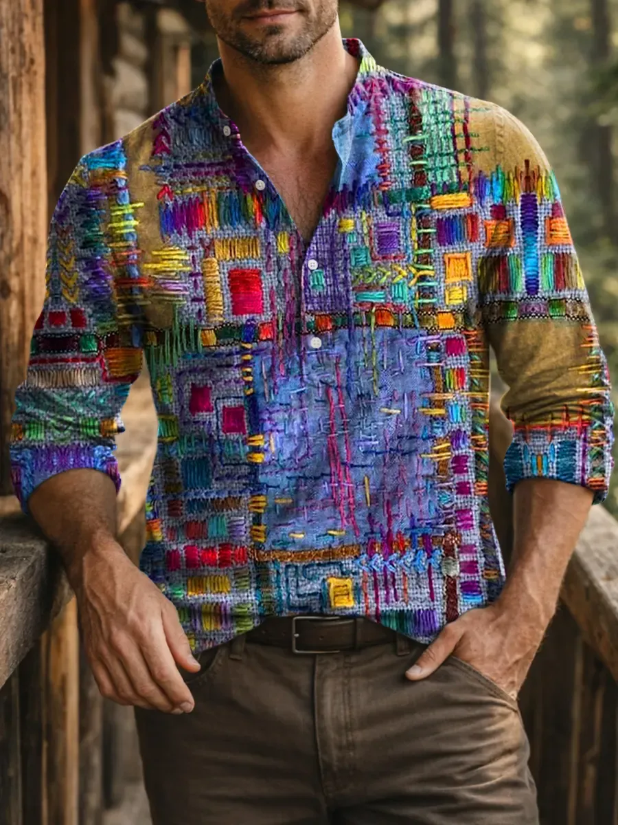 Vintage Geometry Texture Men's Print Casual 100% Cotton Shirt