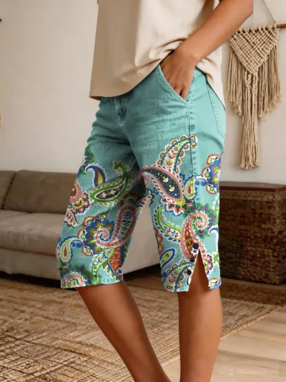 Women's Paisley Floral Art Print Casual Fashion Denim Shorts