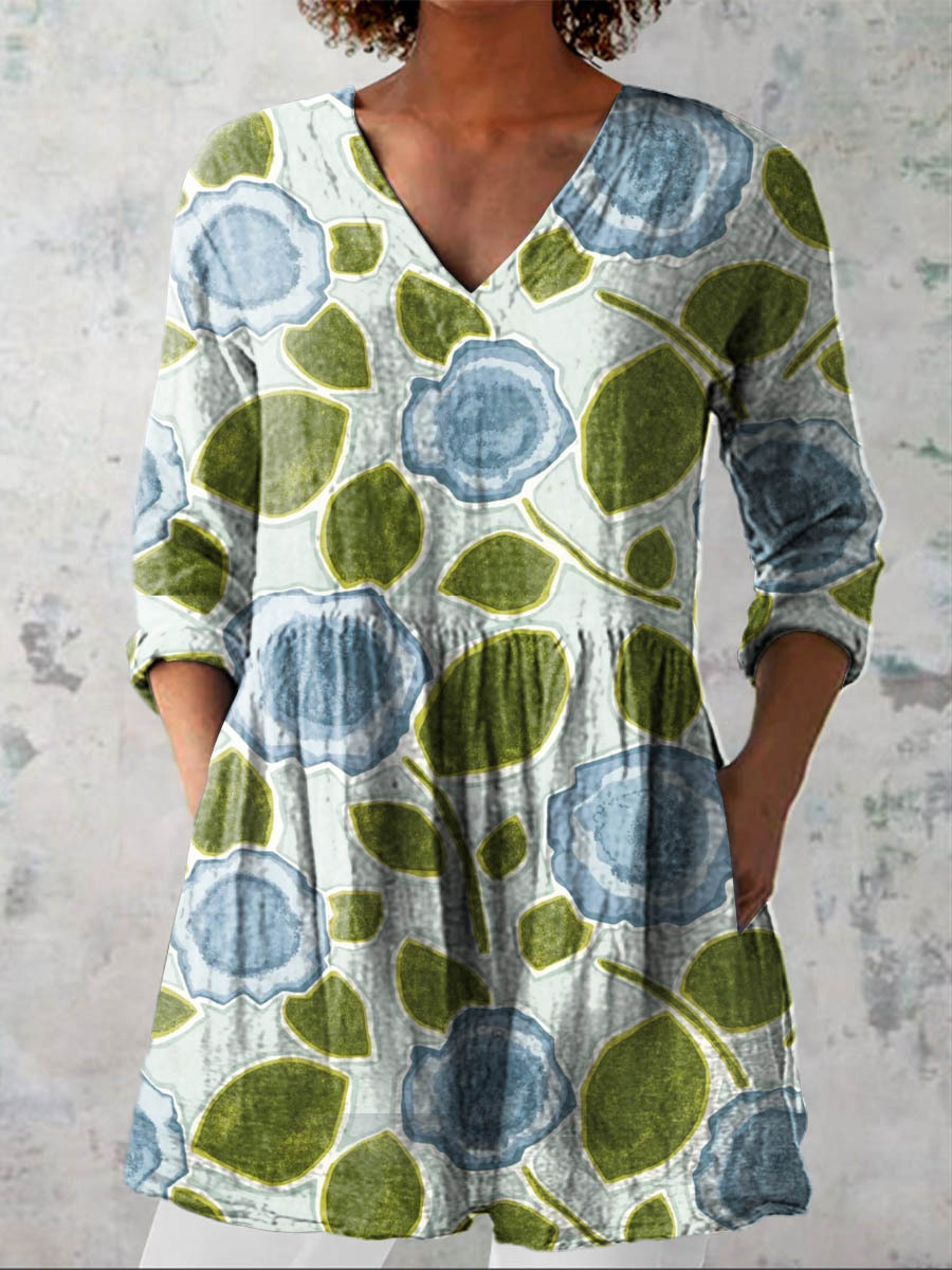 Women's Vintage Lovely Floral Art Print Casual Linen V-neck Shirt