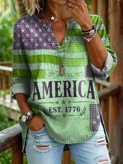Women's American Flag Slogan Patchwork Distressed Print V-Neck Long Sleeve Top