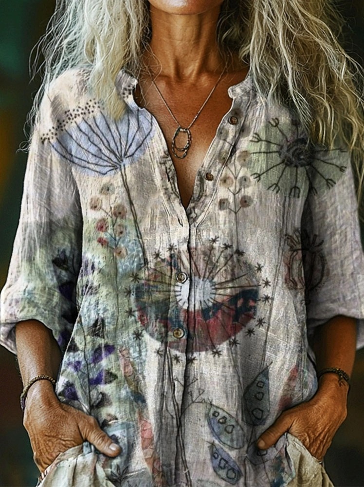 Women's Lotus Flower Pattern Artistic Print Casual Cotton-Linen Shirt