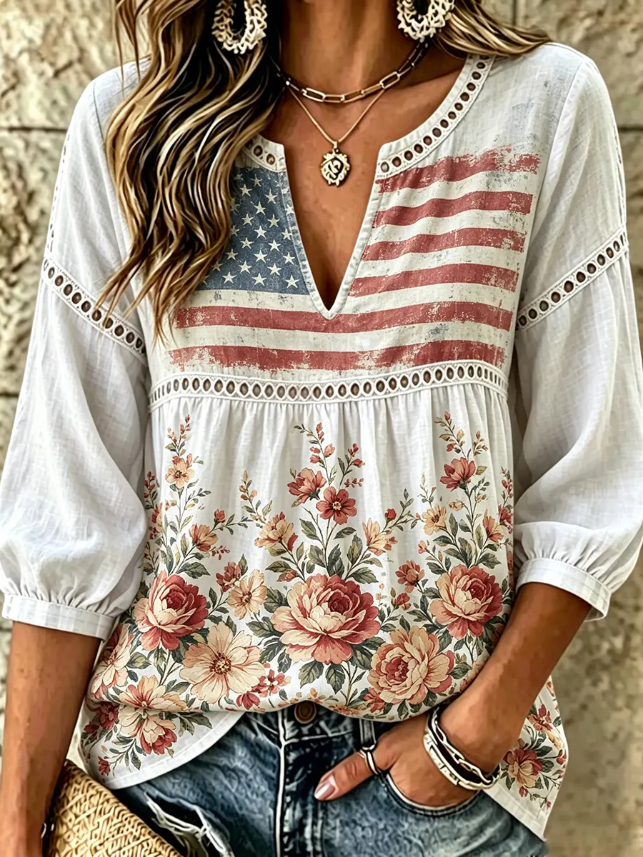 Women's Vintage American Flag Floral Print Lace Cotton Blouse
