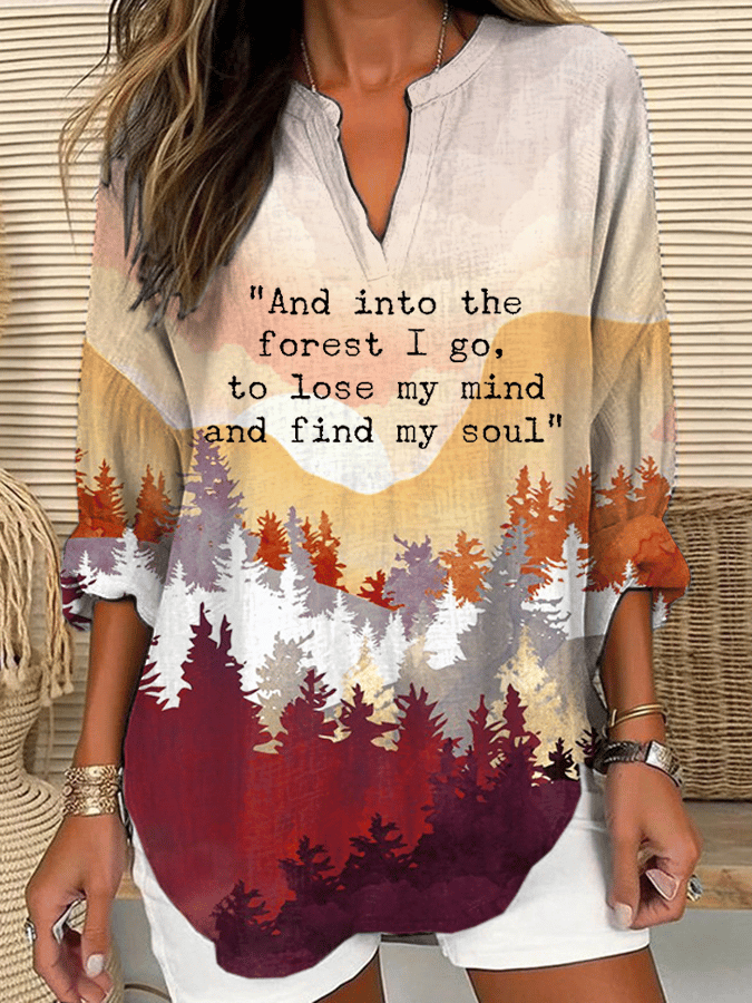 Women's "And Into The Forest I Go, To Lose My Mind And Find My Soul" Forest Floral Print Casual Long Sleeve V Neck Shirt
