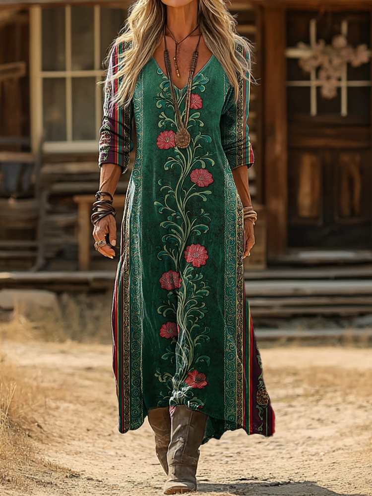 Women's Vintage Floral Art Print Pocket Cotton Dress