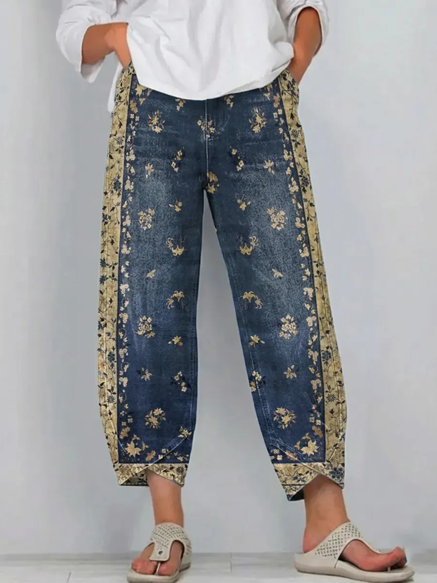 Women's Vintage Floral Art Print Jeans