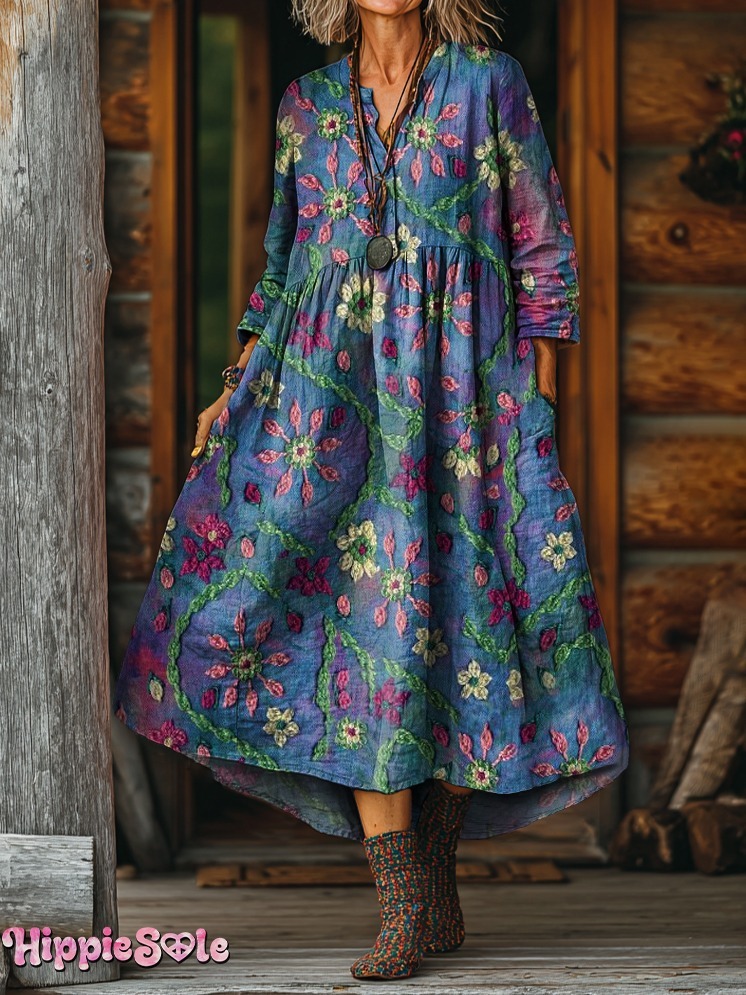 Womens Bohemian Ethnic Floral Art Print Casual Cotton Linen Shirt