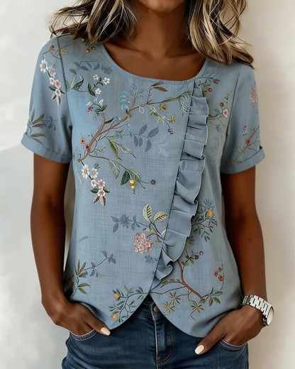 Crewneck Short Sleeve Ruffle Floral Blouse