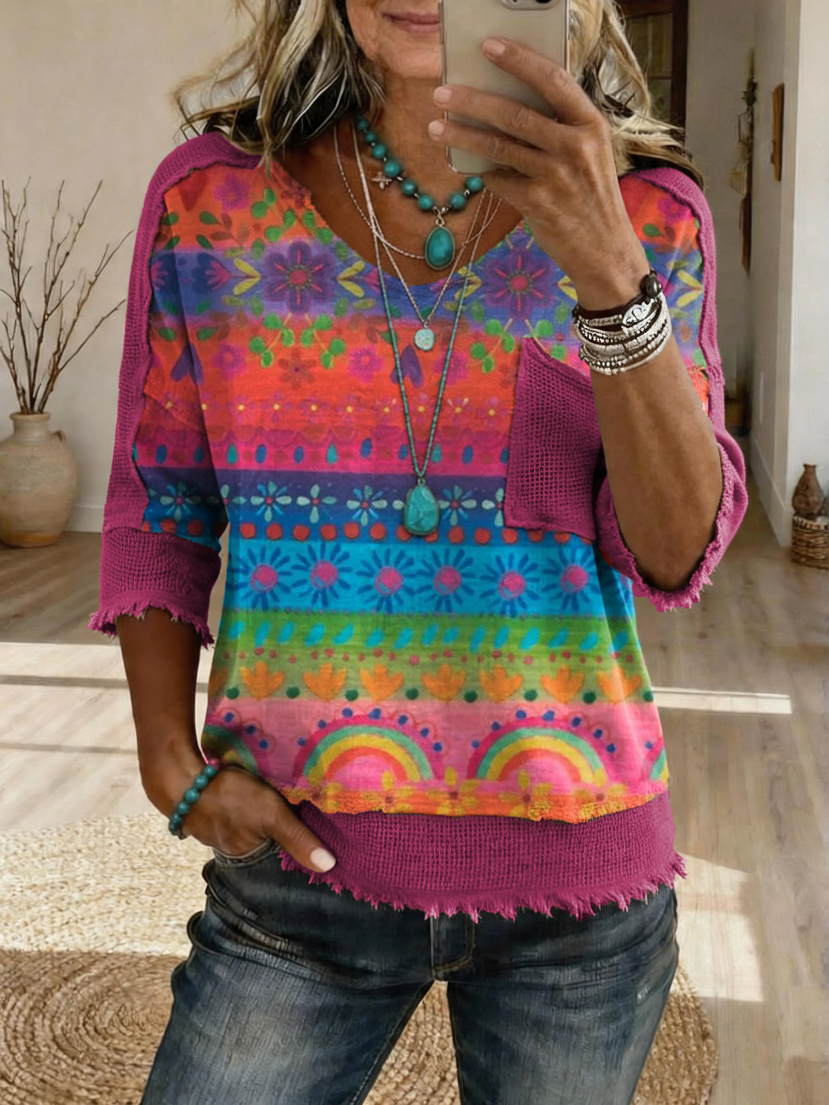 Women's Vintage Colorful Striped Floral Art Print Casual Top