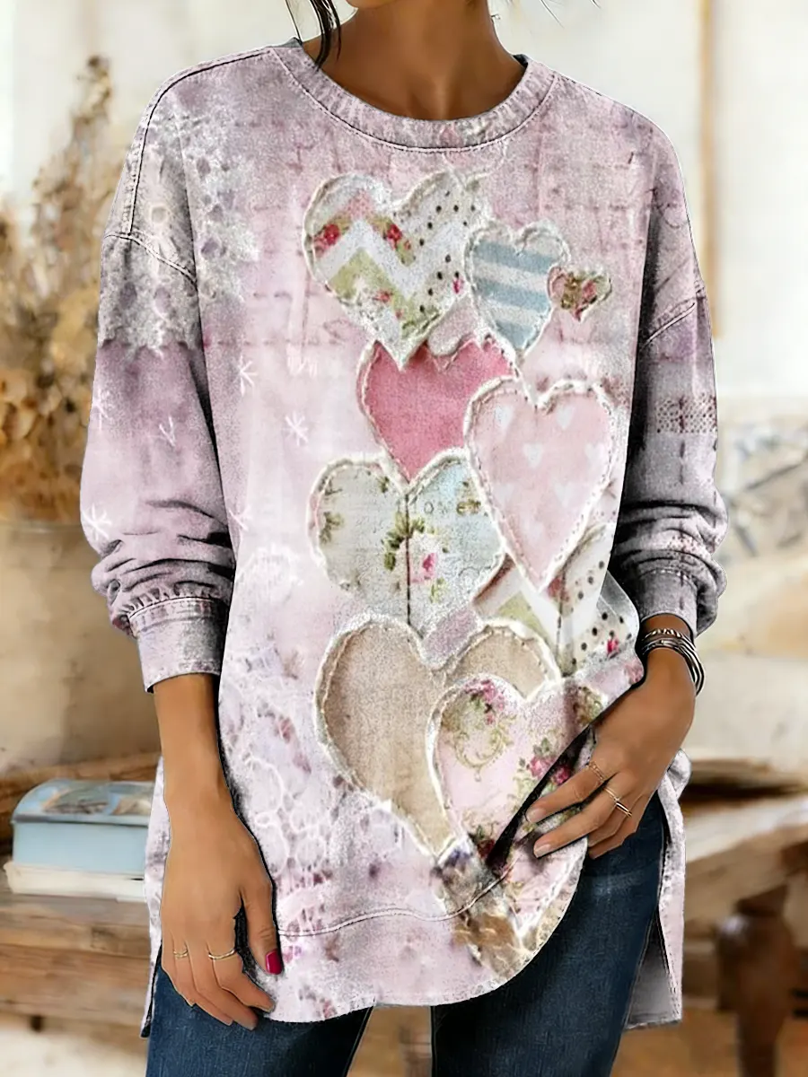 Women's Heart Patchwork Art Print Casual Washed Cotton Denim Sweatshirt