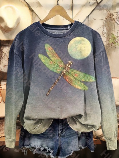 Women's Vintage Dragonfly Moon Art Print Casual Long Sleeve T-shirt