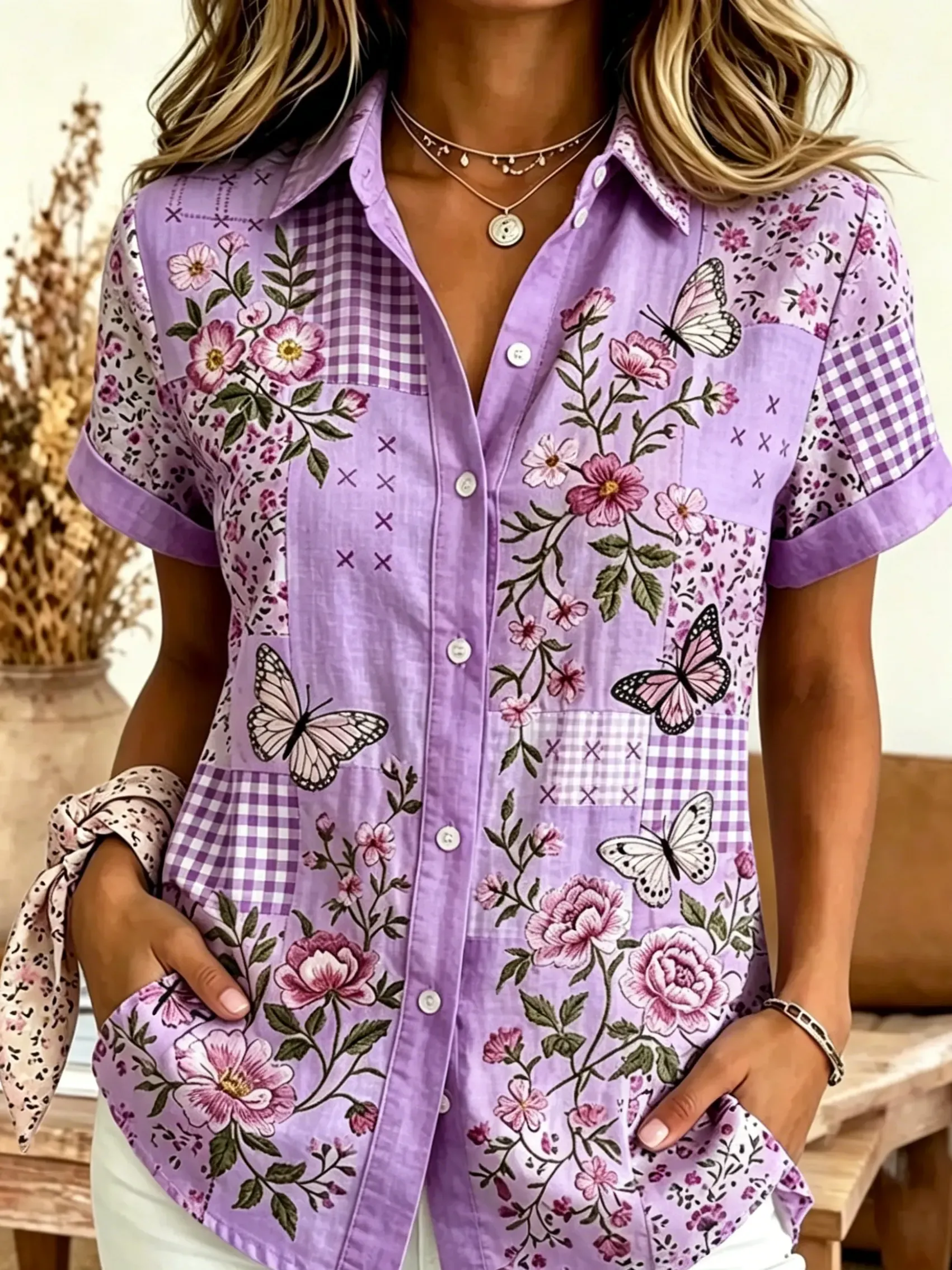 Women's Butterfly Floral Patchwork Print Cotton Shirt