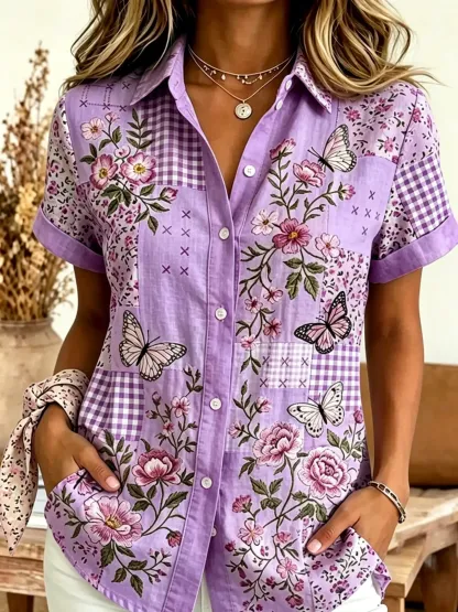 Women's Butterfly Floral Patchwork Print Cotton Shirt