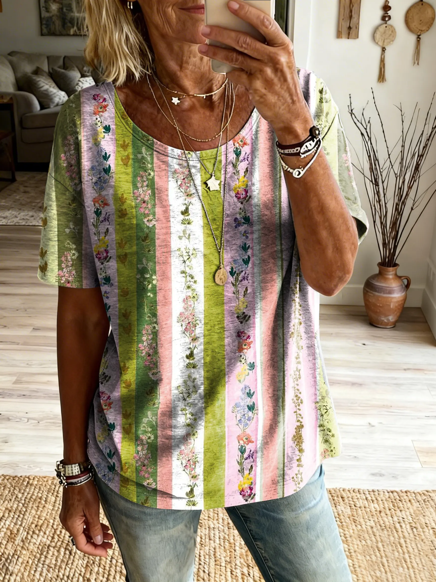 Women's Retro Colorful Striped & Floral Art Print Casual Crew Neck Short-Sleeve Pure Cotton T-Shirt