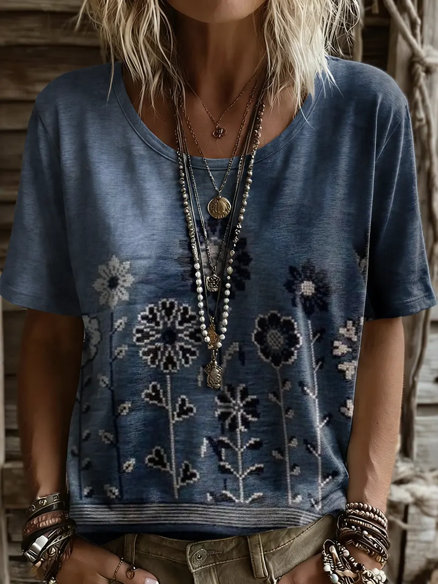 Women's Retro Bohemian Floral Art Print Casual Crew Neck T-Shirt