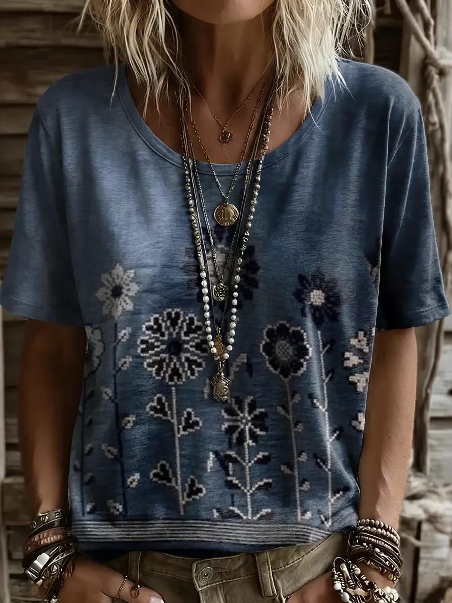 Women's Retro Bohemian Floral Art Print Casual Crew Neck T-Shirt