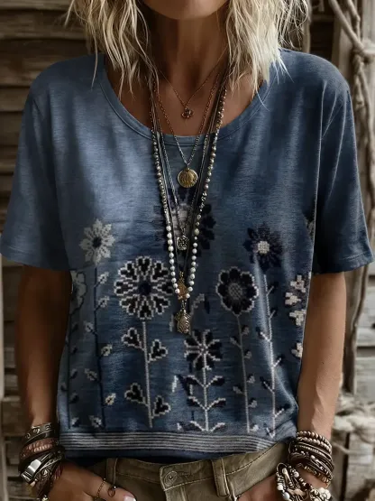 Women's Retro Bohemian Floral Art Print Casual Crew Neck T-Shirt