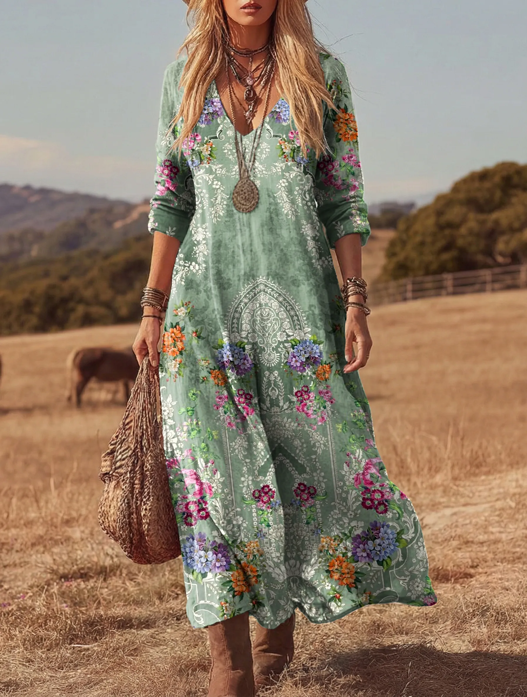 Women's Vintage Ethnic Green Floral Art Printed Casual V-neck Long Sle