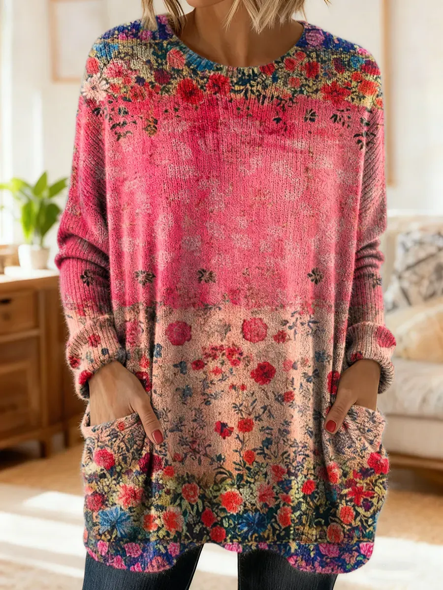 Women's Floral Art Print Comfortable Crew Neck Pocket Knit Sweater