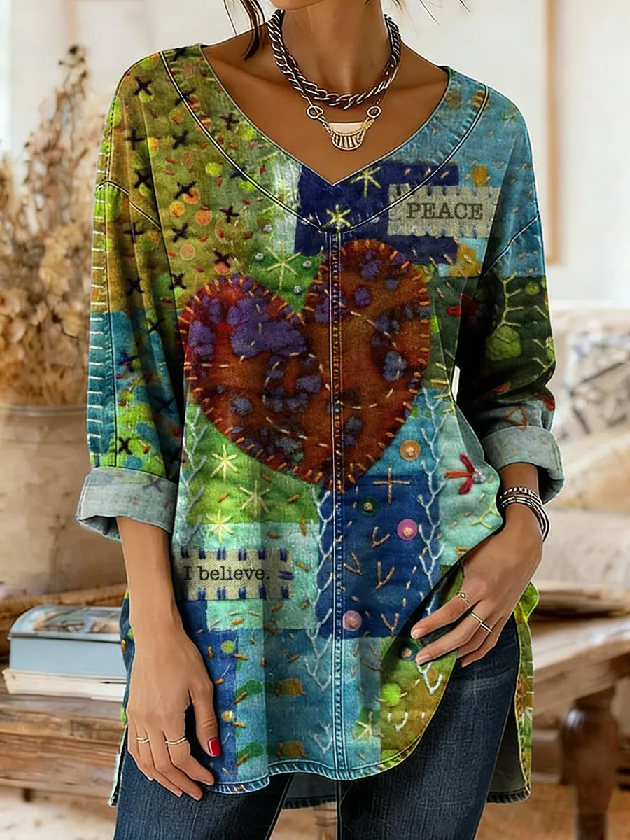 Women's Colorful Vintage Patchwork Art Print Casual Long-sleeved V-neck Washed Cotton Denim Top