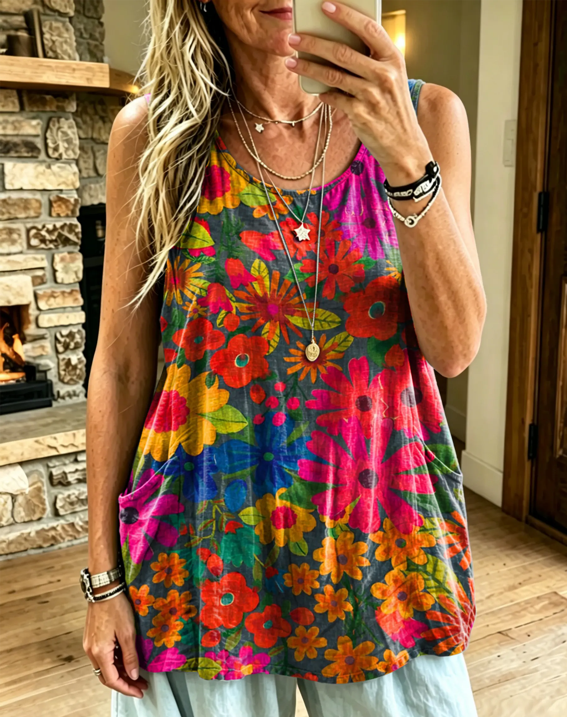 Women's Vintage Multicolor Floral Print Casual Sleeveless Tank Top With Pockets