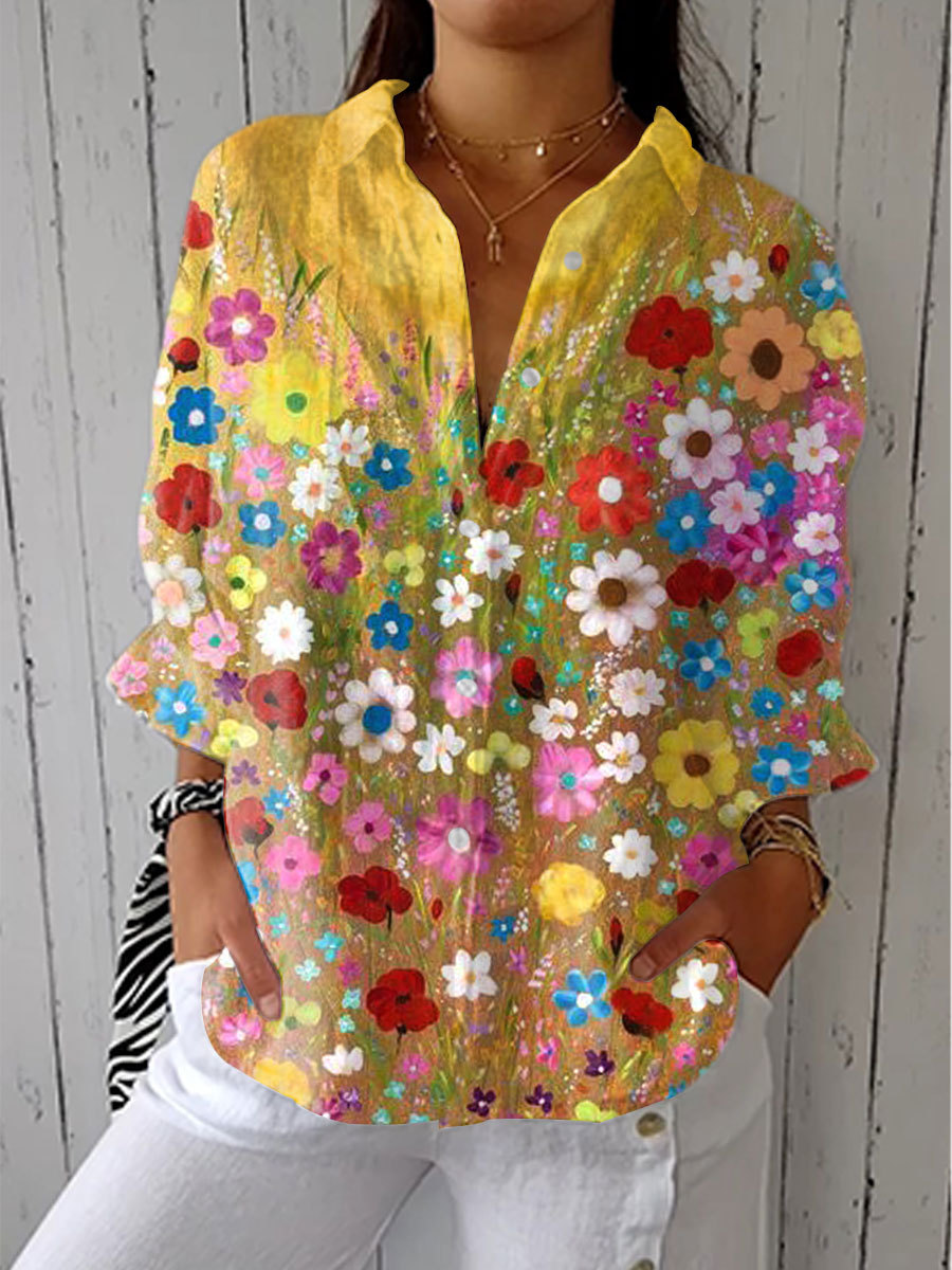 Women's Vintage Gradient Floral Art Print Casual Linen V-neck Shirt