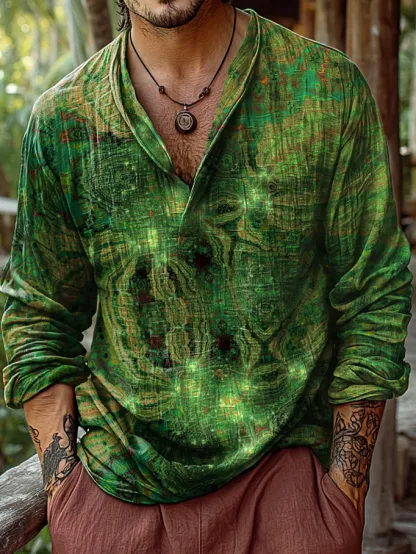Men's Vintage Art Print Casual Long-sleeved Cotton And Linen Shirt