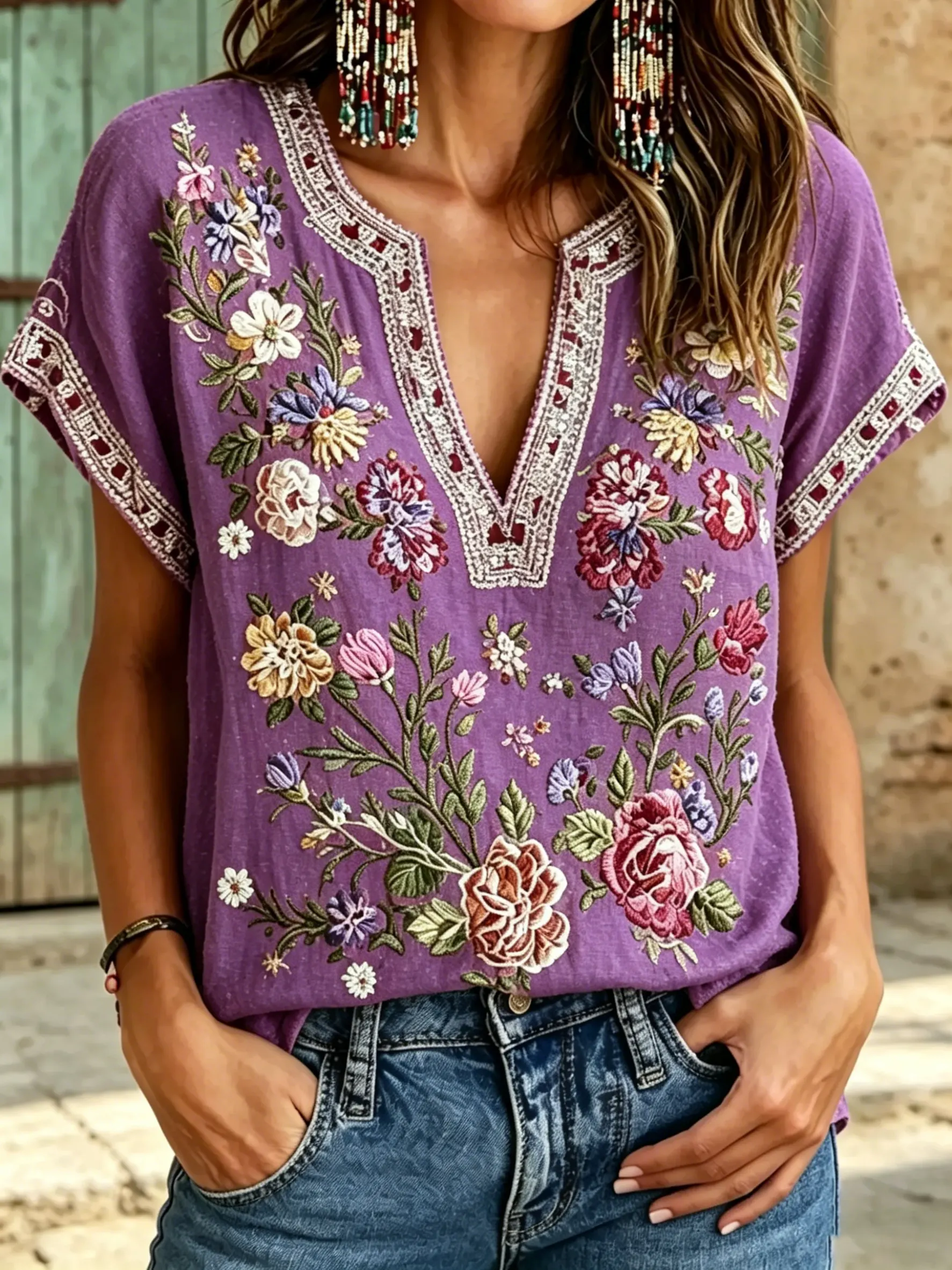 Women's Floral Print Cotton Short Sleeve Blouse