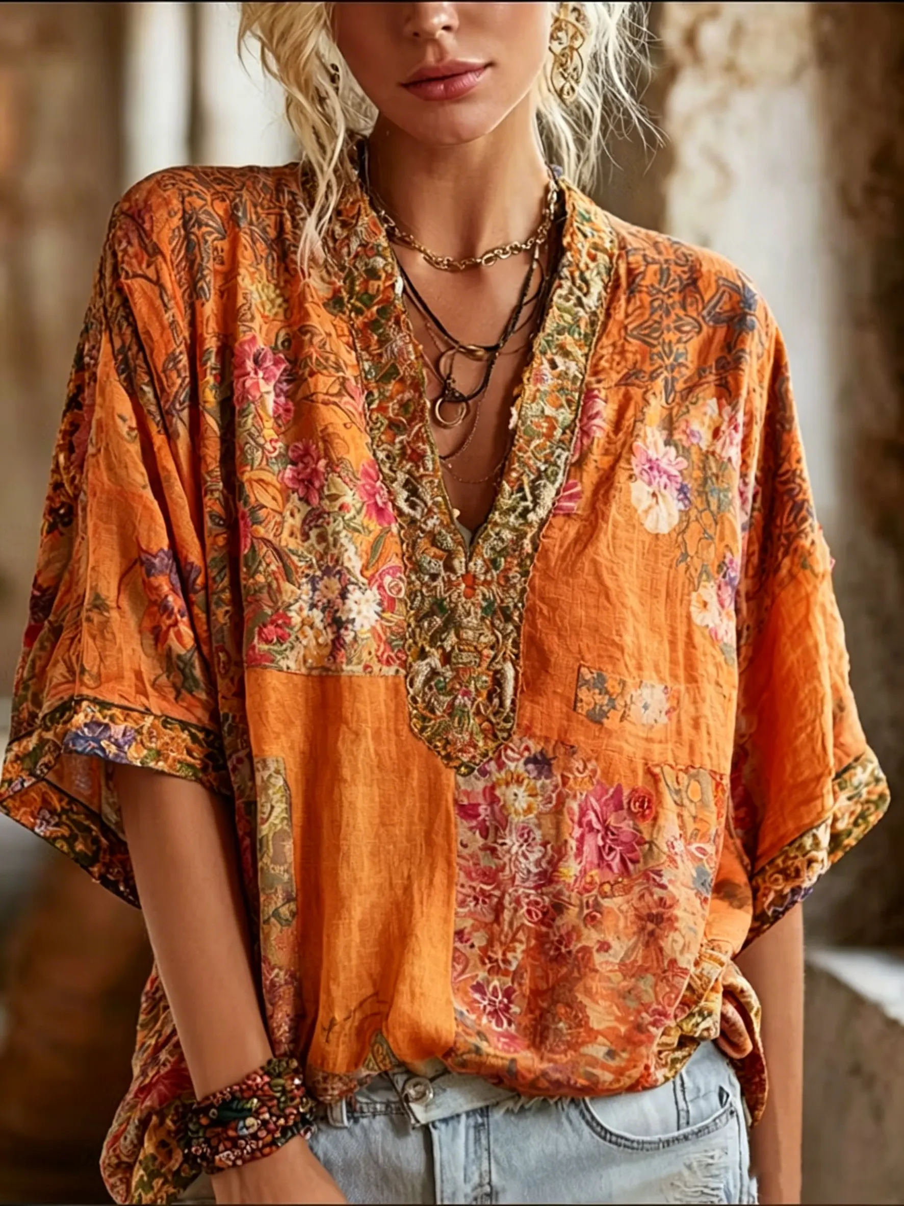 Women's Boho Floral Art Print Cotton V-Neck Blouse