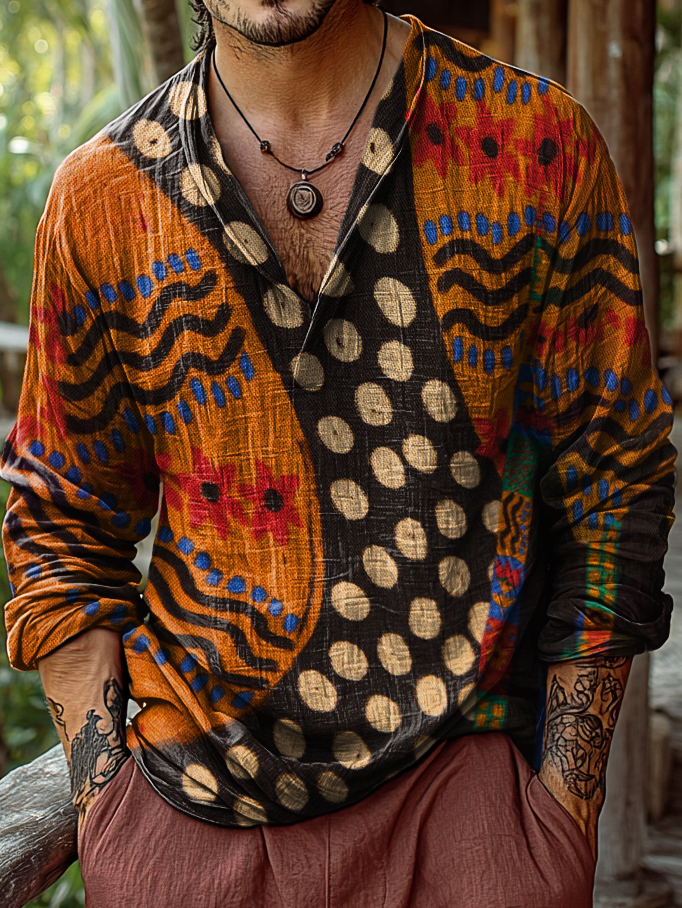 Men's Bohemian Retro Pattern Art Print Cotton And Linen Casual Shirt