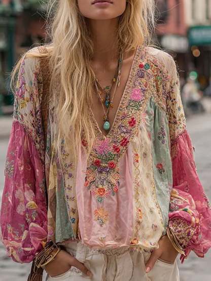 Women's Vintage Pink Floral Art V-Neck Linen Blend Shirt