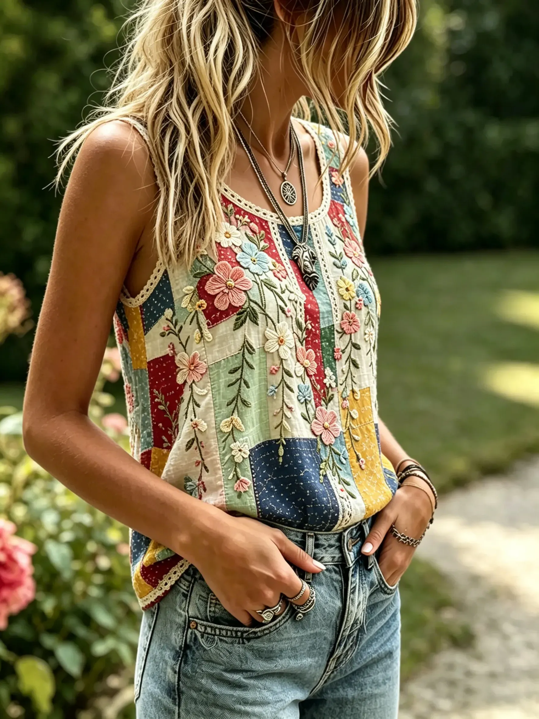 Women's Patchwork Floral Print Cotton Lace Trim Sleeveless Tank Top