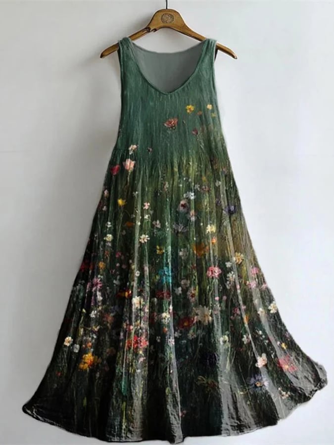 Women's Casual Cotton And Linen Printed Vest Dress