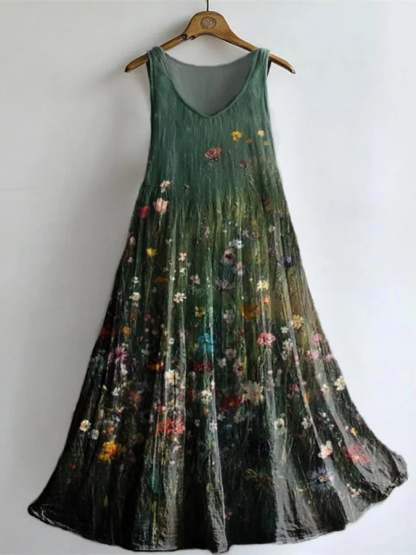 Women's Casual Cotton And Linen Printed Vest Dress