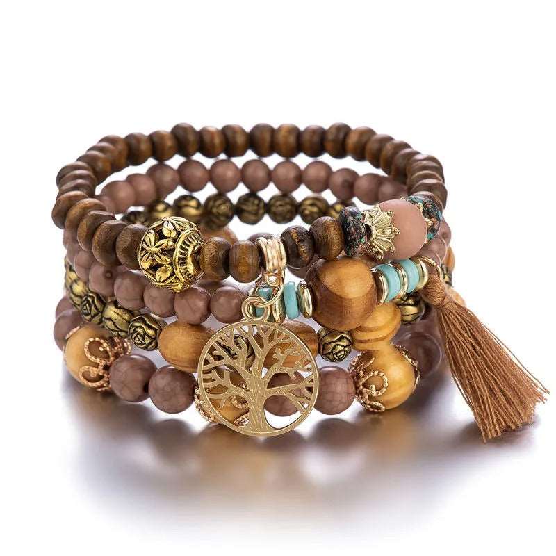 Ethnic Multi Layered Wooden Beads Stretch String Bracelet 