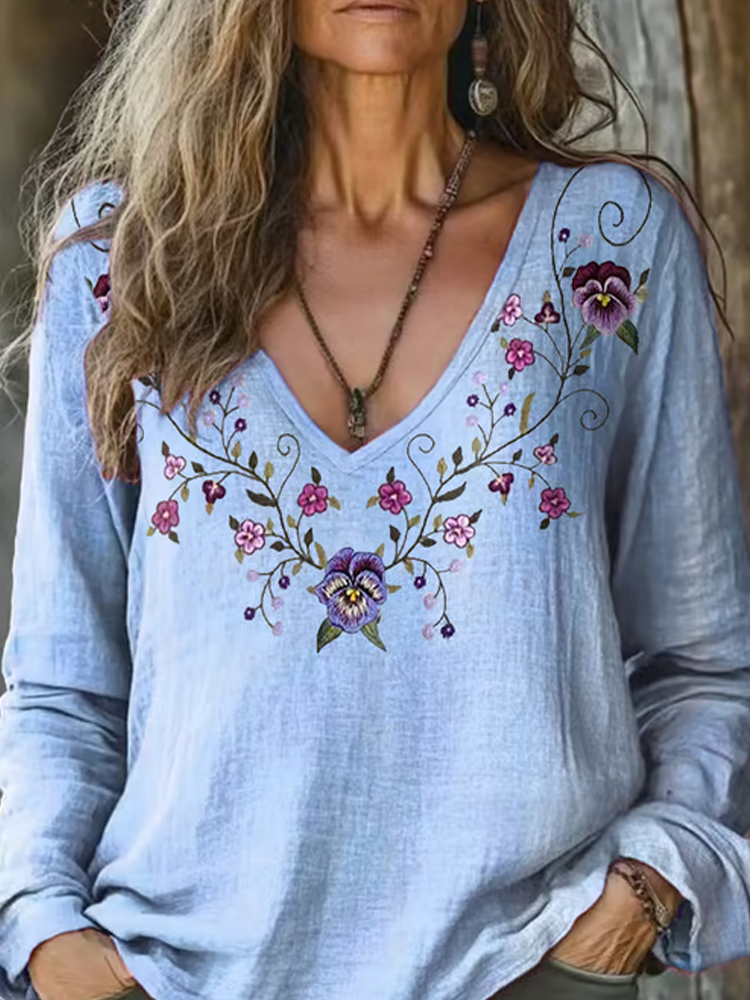 Women's Alzheimer's Floral Printed Cotton And Linen Long Sleeve Top