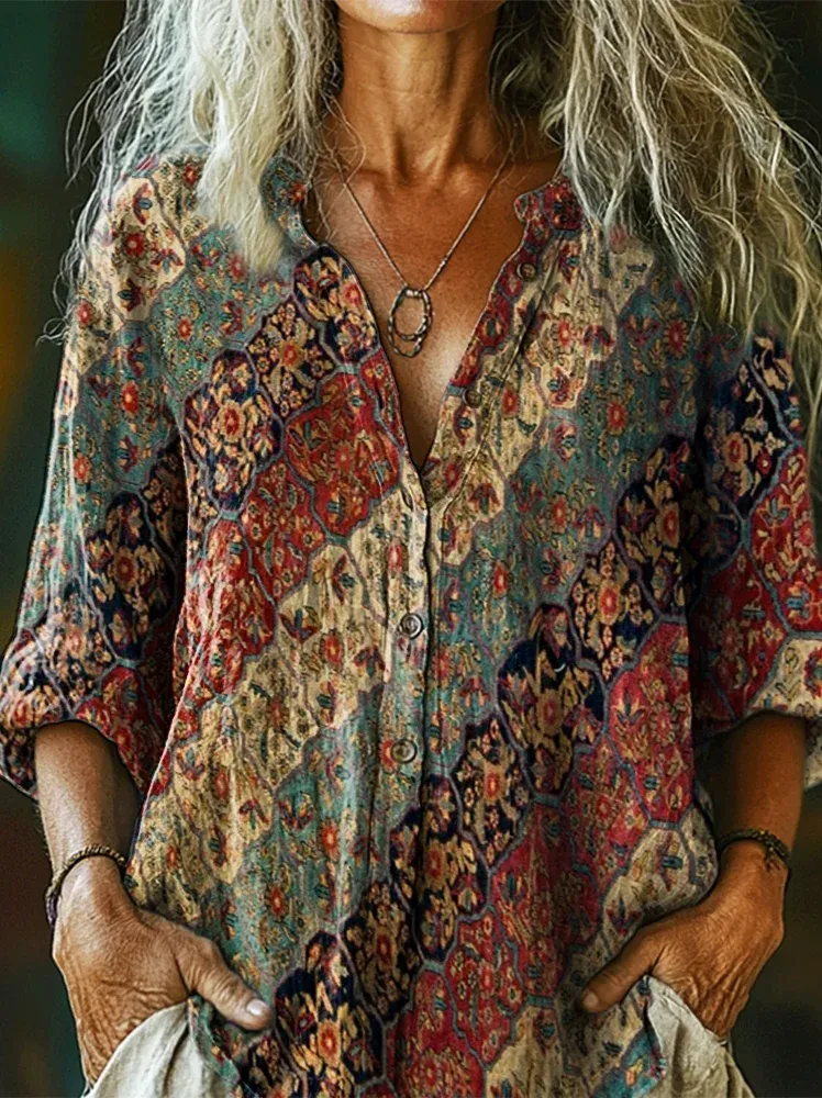 Women's Retro Colorful Floral Art Print Pocket Cotton Dress