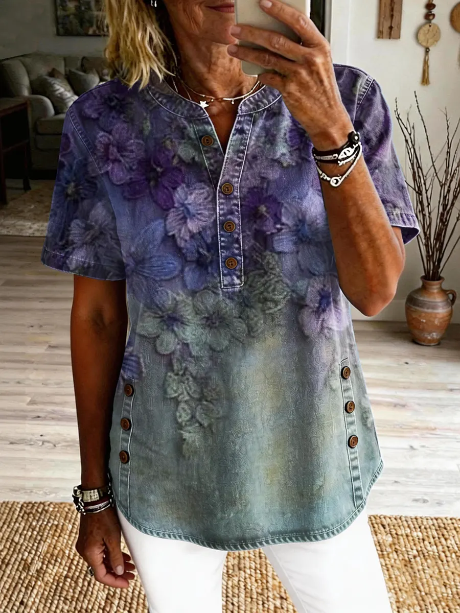 Women's Flowers Print Button-down Short-sleeve Denim Shirt