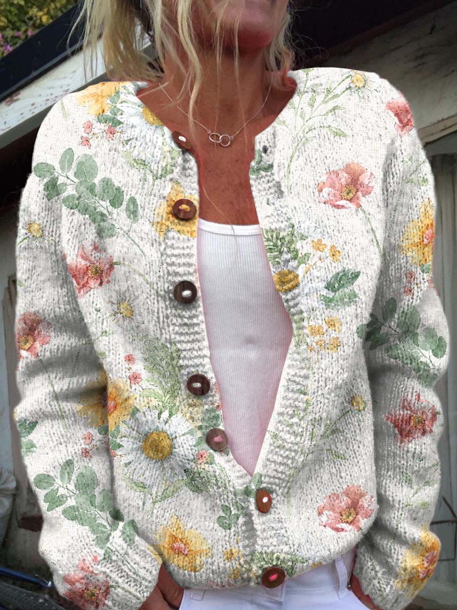 Women's Colourful Art Watercolour Flowers Print Buttoned Cardigan Sweater